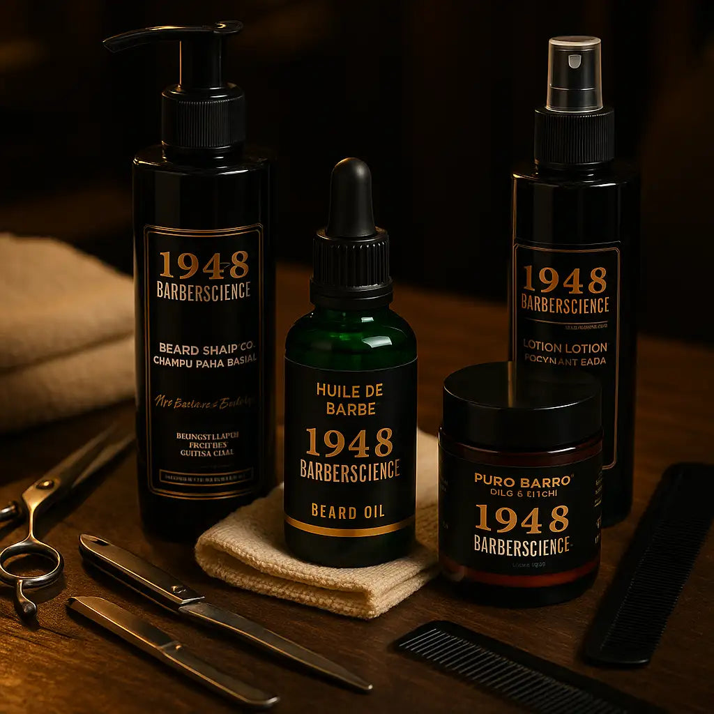 Bouteille en verre vert foncé avec bouchon pipette noir et lettrage doré étiqueté « 1948 barberscience huile à barbe »